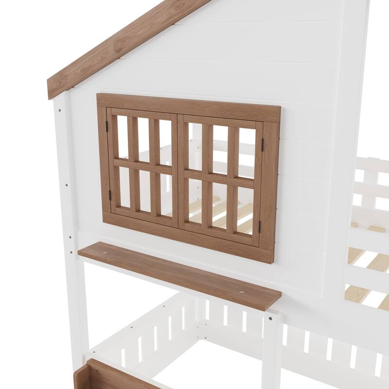 Fairytale House Bunk Bed Wood Loft Bed Frame with Bookshelf and Shelf