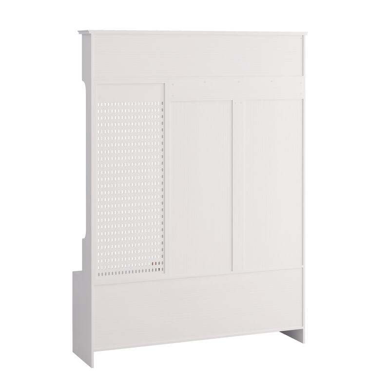 Multi-purpose Hallway Hall Tree with Removable Linen Cushioned Entryway Bench, Coat Rack, Storage Shelves, and DIY Pegboard