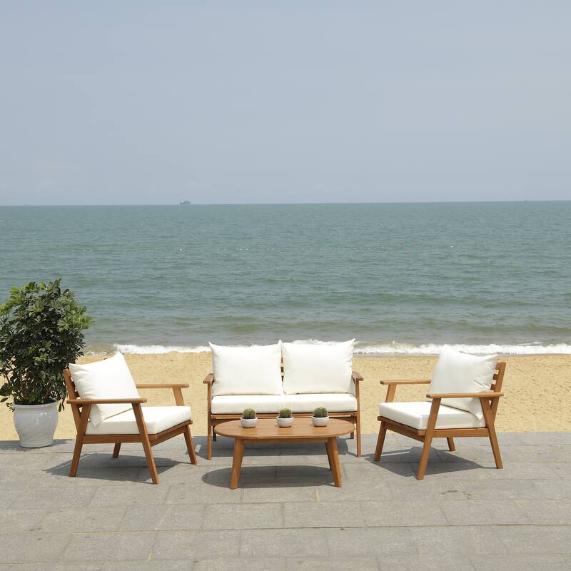 SAFAVIEH Outdoor Deacon 4-piece Conversation Patio Set. - 49" W x 30" D x 31" H - Natural/Beige