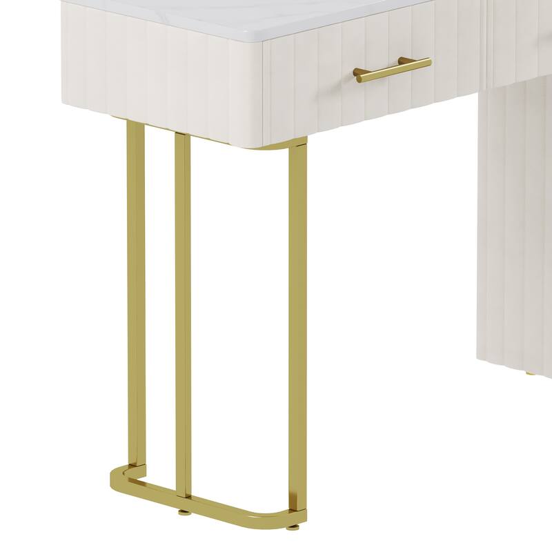 Velvet Upholstered Makeup Vanity Desk with 5 Storage Drawers, Marble-Look Sticker Top Dressing Table and Padded Makeup Chair Set