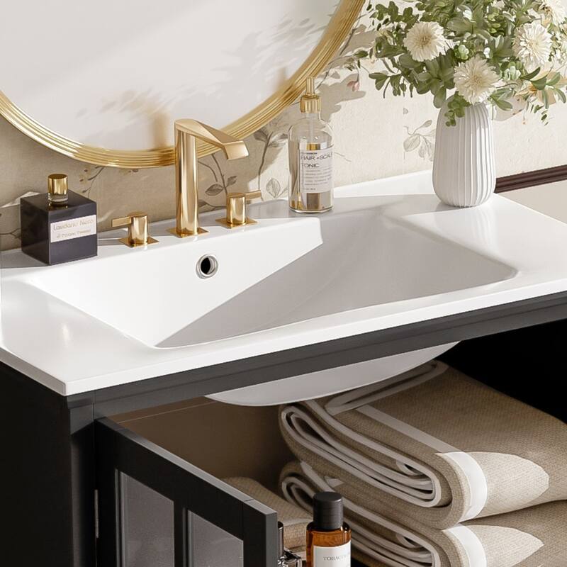 30"Bathroom Vanity with Ceramic Sink, Tempered Blurred Glass and Matte Black Handles, Large Storage Space and Rubber Wood Frame