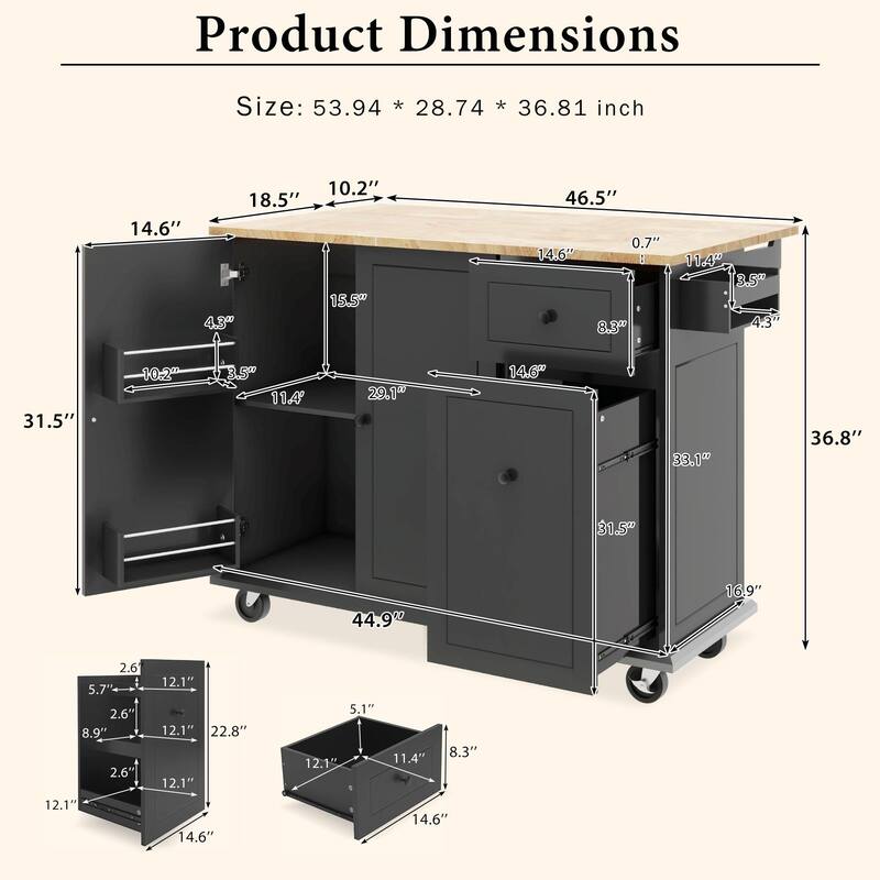 Rolling Kitchen Cart with Drop Leaf, Storage Rack, and 3-Tier Cabinet Organizer