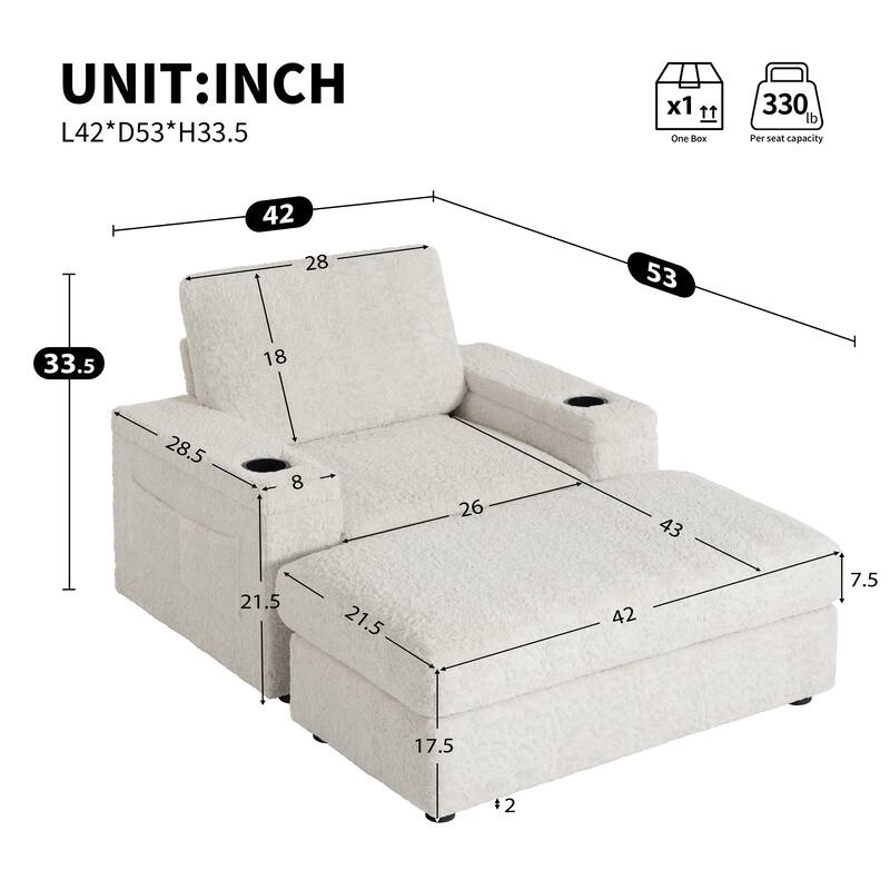 Oversized Single Sleeper Sofa Chair with Storage Ottoman, 42" Chaise Lounge for Livingroom Deep Seat Sofa Bed with Cup Holders