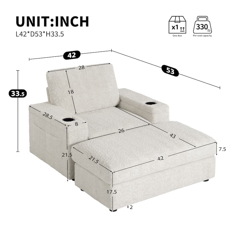 Roomfitters Oversized Chaise Lounge Sofa Bed with Ottoman, Faux Fur Sleeper Chair with Cup Holders