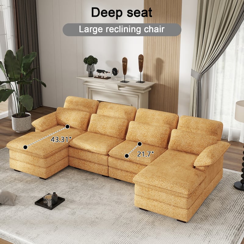 U-Shaped 111.8" Cloud Combo Sofa 4-Seater Chenille Fabric Sofa with Arms