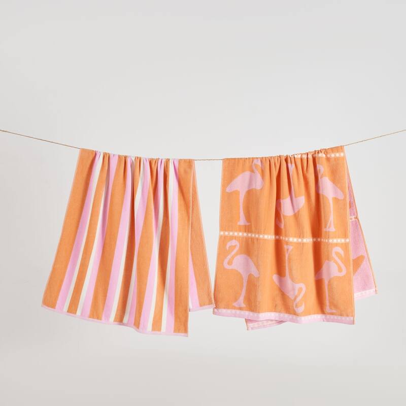Luxurious Cotton Printed Beach Towel - 2 Pack- 30" x 60" - Flamingo Orange / Pink