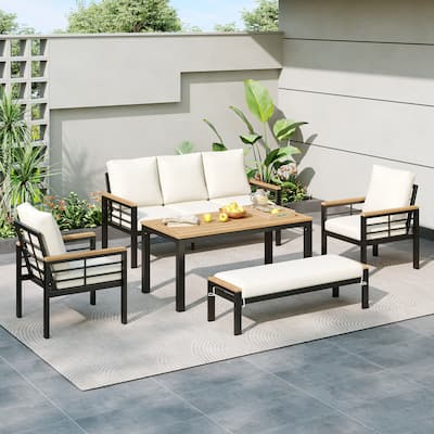 Patio Furniture Set, 5 Pieces Outdoor Furniture Set with 3-Seat Sofa, Patio Conversation Sets with Cushions for Backyard
