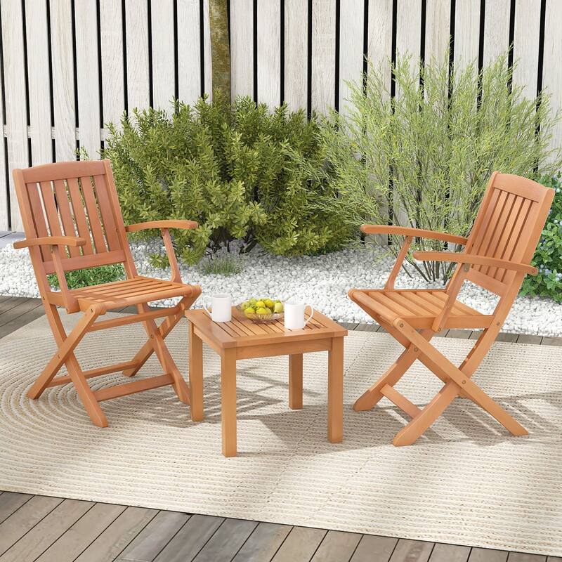 Gymax 3 PCS Eucalyptus Wood Patio Bistro Set w/ 2 Folding Arm Chairs