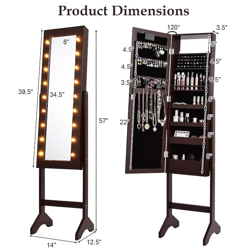 LED-Lighted Standing Jewelry Armoire Storage Cabinet with Full Length Mirror - 14" x 12.5" x 57" (L x W x H)
