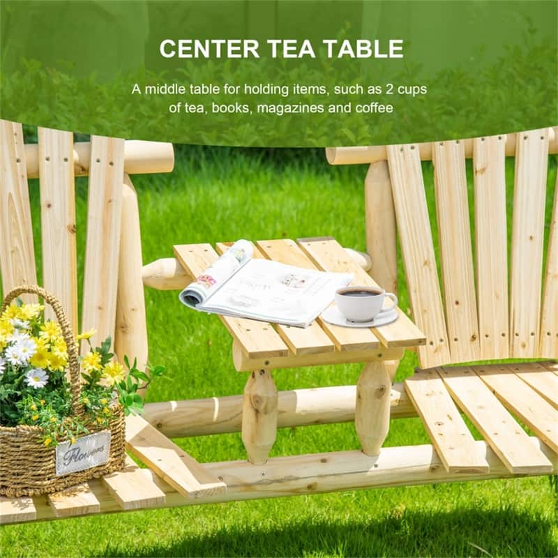Natural Fir 2-Seat Adirondack Patio Chair Bench with Center Table - 61.5" W x 34.75" D x 40.5" H