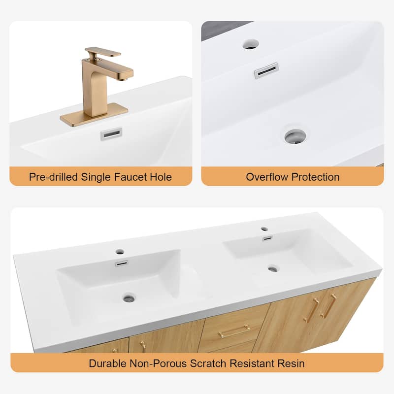 Prismella 60" 72" 84" Wall-Mount Double Sink Bathroom Vanity in Oak with Top