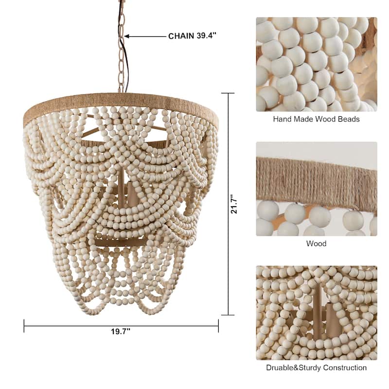 Bohemia 4-Light Off-white Adjustable Distressed Beaded Pendant Chandelier - 19.7-in W x 21.7-in H