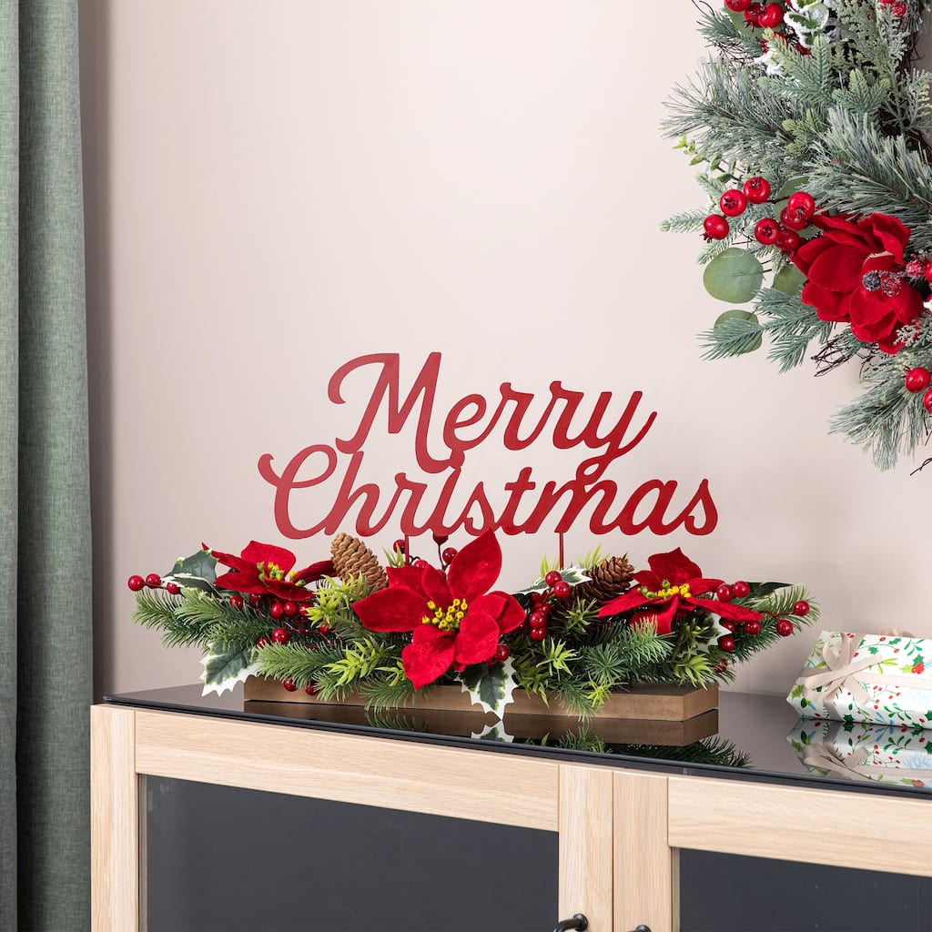 Glitzhome 24"L Metal Merry Christmas Poinsettia Centerpiece Table Decor