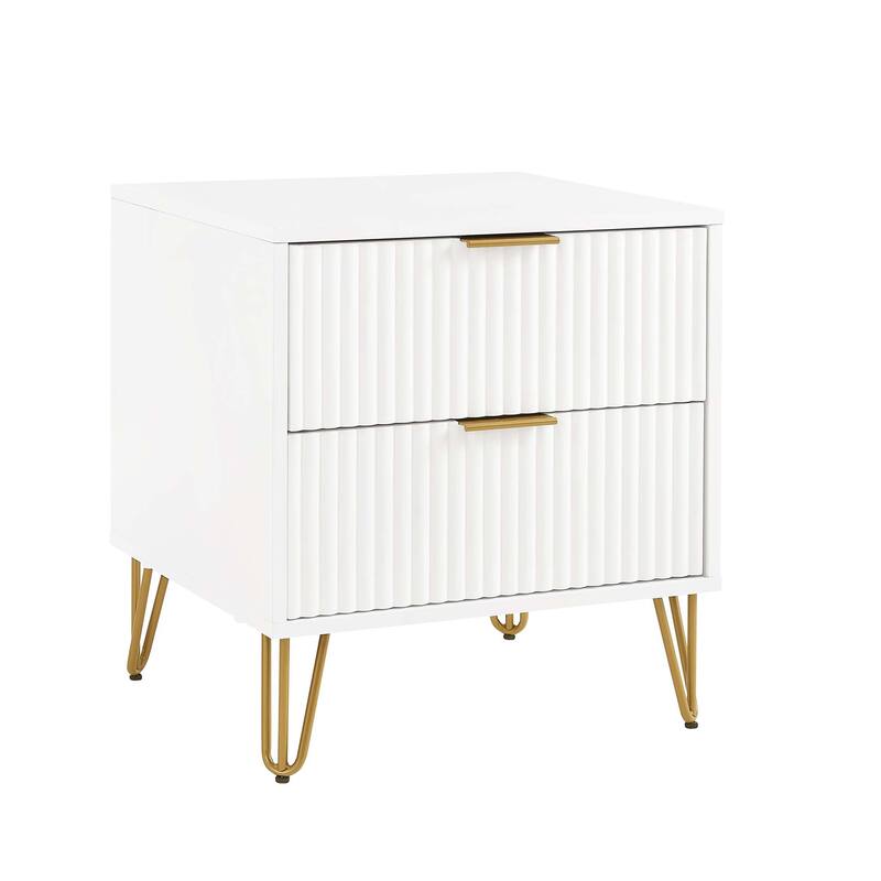 Fluted Nightstand with 2 Drawers Metal Legs Tool Free Assembly