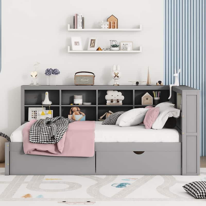 Full Size Wood Daybed with 2 Storage Drawers,Storage Shelf and USB Charging Ports