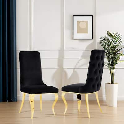 Black Tufted Dining Chairs with Soft Velvet Upholstered and Polished Gold Legs