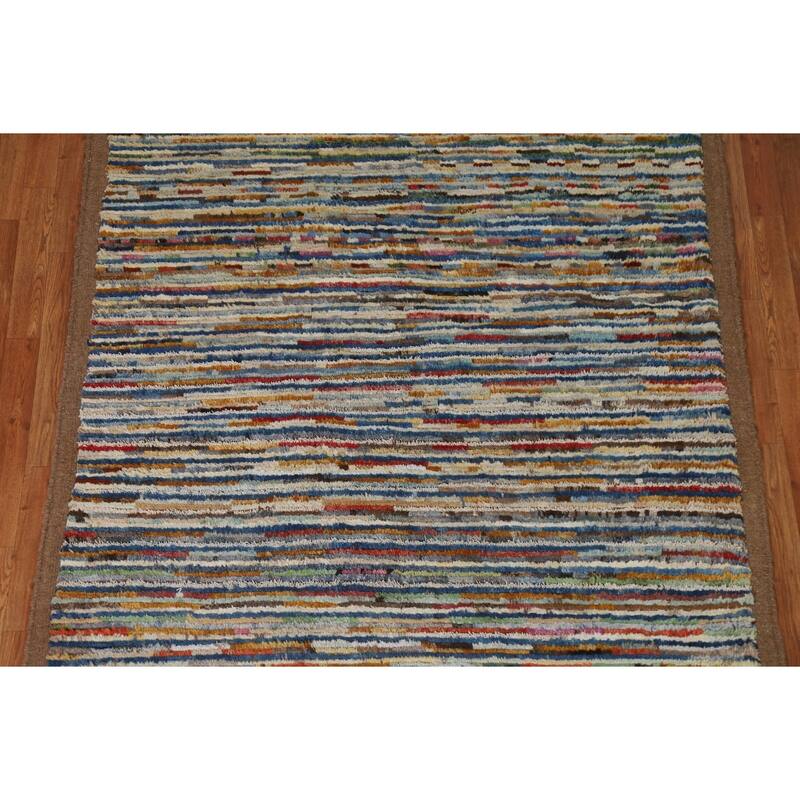 Hand Knotted Oriental 100% Wool Carpet Modern Stripe Multi-Colored Moroccan Area Rug - 7' 8'' X 5' 5''
