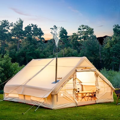 Erommy Inflatable Camping Tent, Glamping Tents 4 Season Waterproof Windproof Cotton Tent with Stove Jack & Mesh Windows & Pump