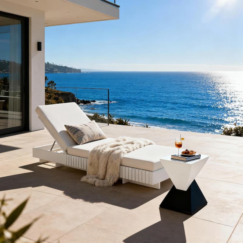 Christopher Knight Home - Kim Lounge Chaise Modern Outdoor Wooden Set with Triple-Fold Lounge Cushion - White Chaise_Cream Cushion+Single