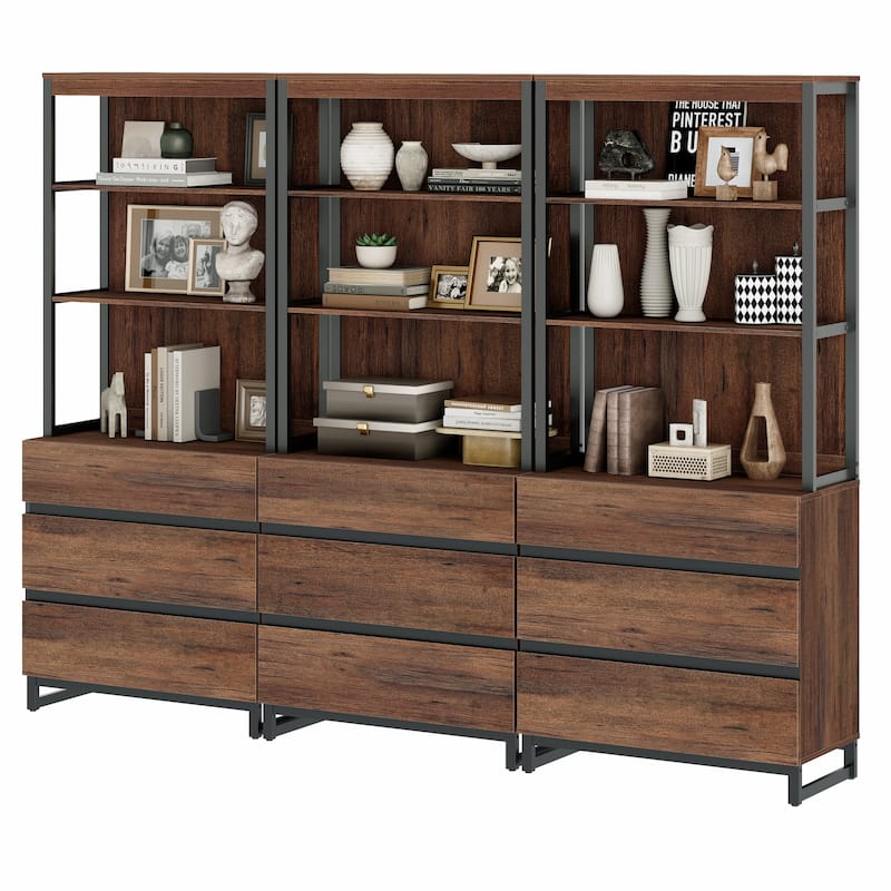 WAMPAT Modern 72" Tall Bookcase with Drawers and Open Book Shelfs, Library Book Shelf for Home Office, Living Room