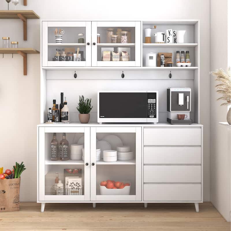 Kitchen Hutch Cabinet with Drawers and Glass Doors, Pantry Cabinets with Shelves, Storage Buffet with Microwave Shelf