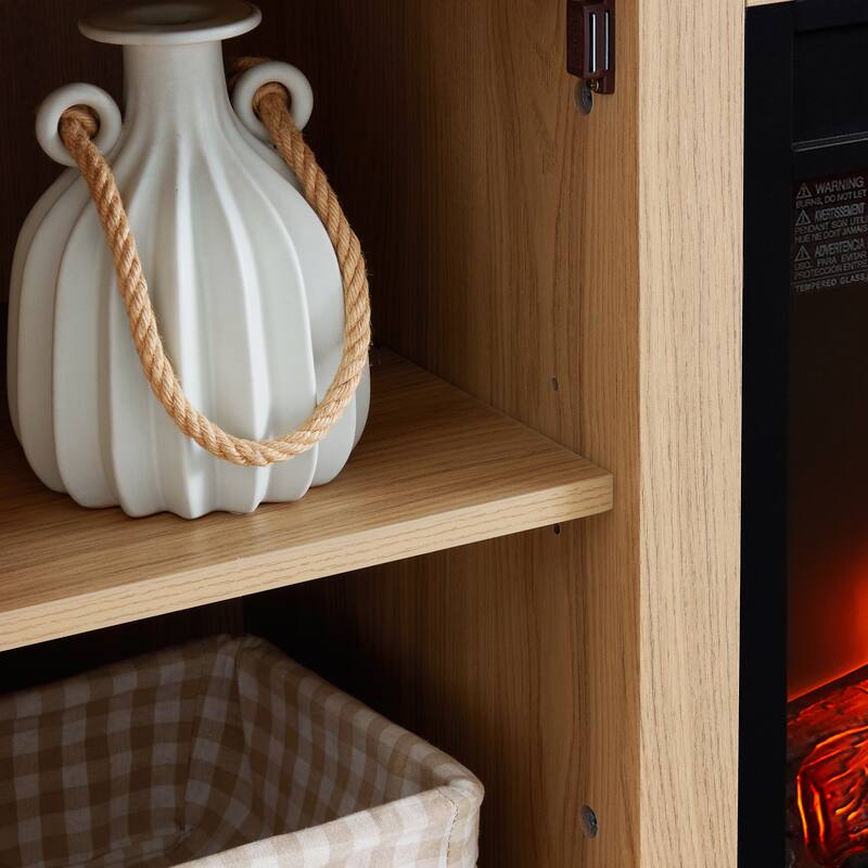 Modern Fireplace TV Stand with Sliding Door, Open and Closed Storage Space, for Living Rooms and Bedrooms, Light Oak