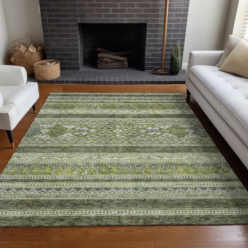Machine Washable Indoor/ Outdoor Chantille Tribal Boho Rug - Olive - 9' x 12'