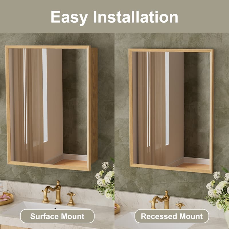Reno Wood Medicine Cabinet with Mirror, Adjustable Shelves, Oak, Recessed/Wall Mount