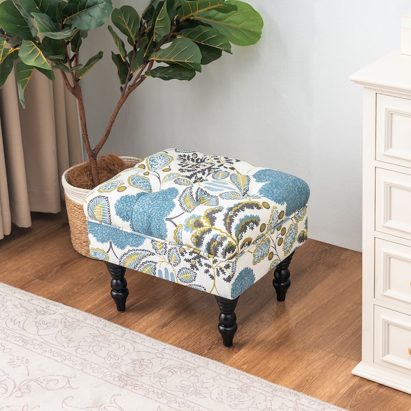 Adeco Ottoman Stool Tufted Foot Rest Fabric Floral Vanity Stool - Blue-Floral