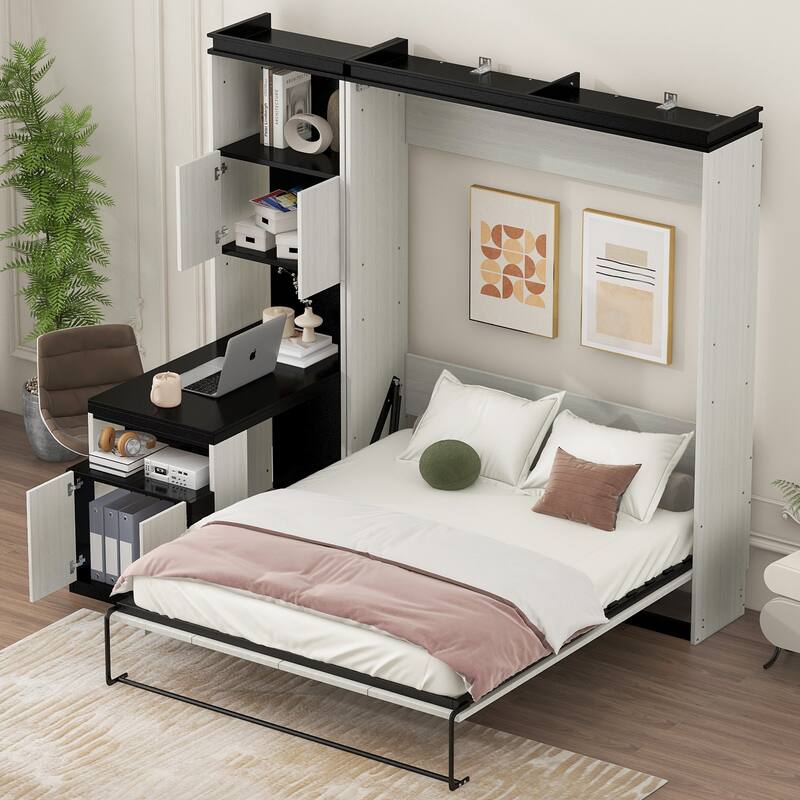 Full Size Murphy Bed with Foldable Desk, Storage Shelves, and Cabinets, Black & White, Space-Saving Design
