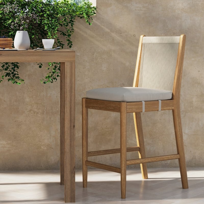 Kayden Outdoor Dining Chair or Bar Stool, Porch Chair with Solid Wood Acacia Wood Frame, Foam Cushion and Woven Rope Backrest - Counter Height Stool - Single
