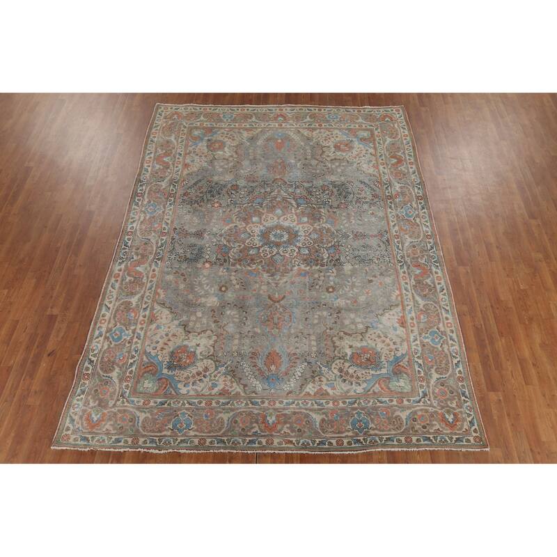 Floral Gray Tabriz Persian Antique Area Rug Handmade Wool Carpet - 8'2"x 11'1"