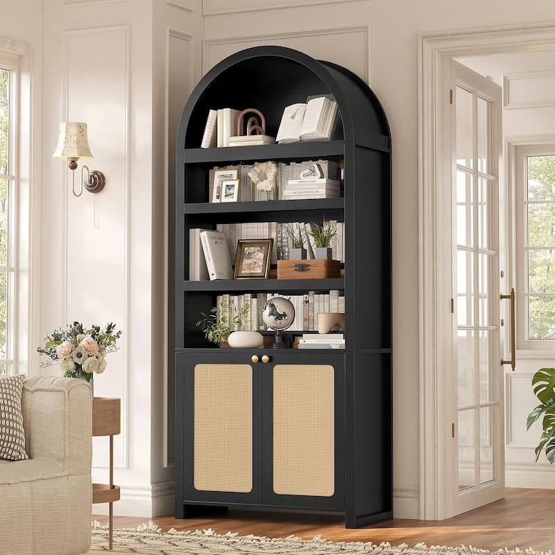 Tall Arched Cabinet Bookcase Storage Bookshelf Door Bathroom Storage Cabinet - 81"  - Black+oak