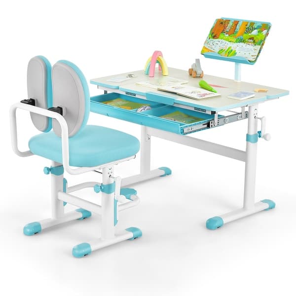 slide 2 of 10, Gymax Kid's Study Desk & Chair Set Height Adjustable with Tilt Desktop Blue