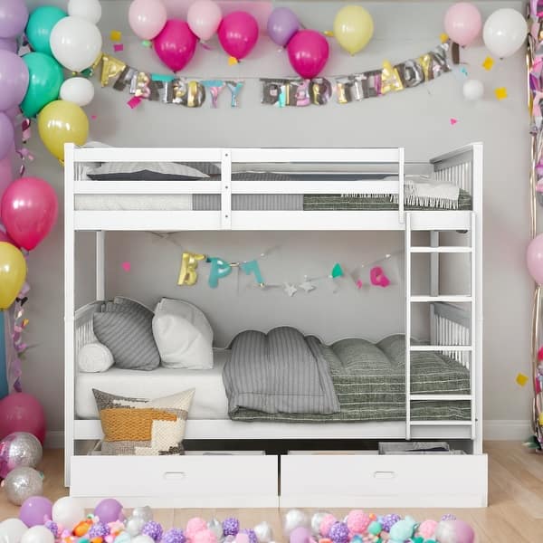 slide 2 of 9, Modren Full over Full Wood Bunk Bed With Ladders and Two Storage Drawers,Solid Construction For Bedroom White
