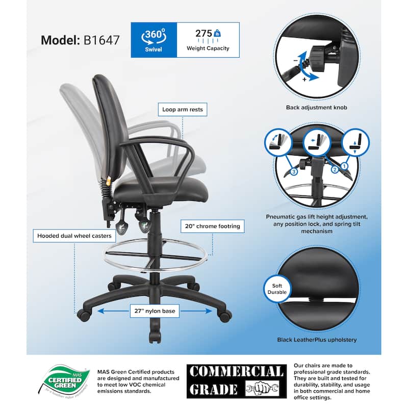 Boss LeatherPlus Multifunctional Drafting Stool with Arms