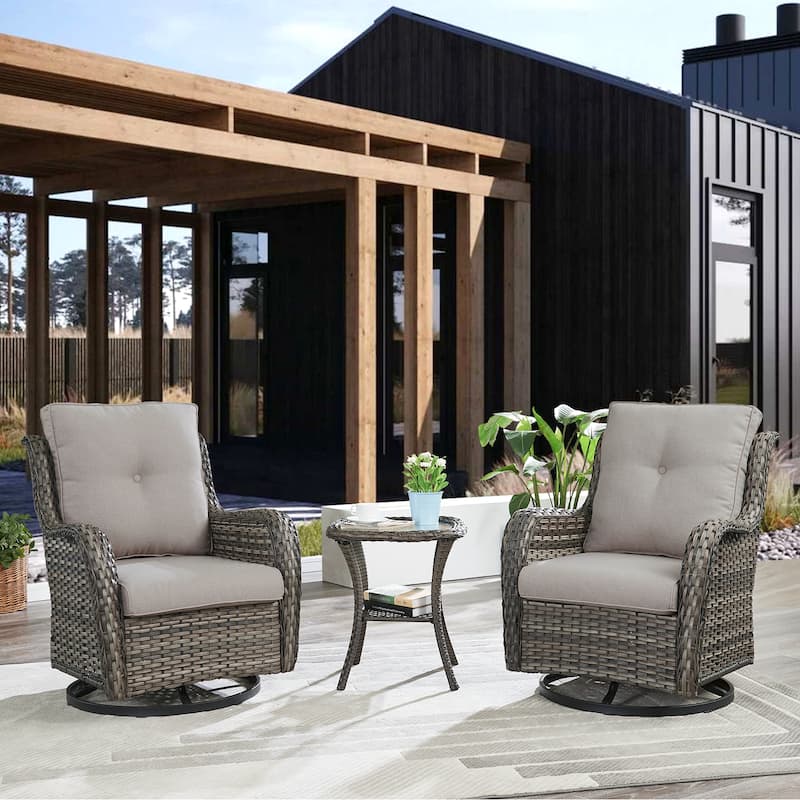 Pocassy 3-Piece Outdoor Swivel Bistro Set, Wicker Rocking Chairs - Grey/Beige