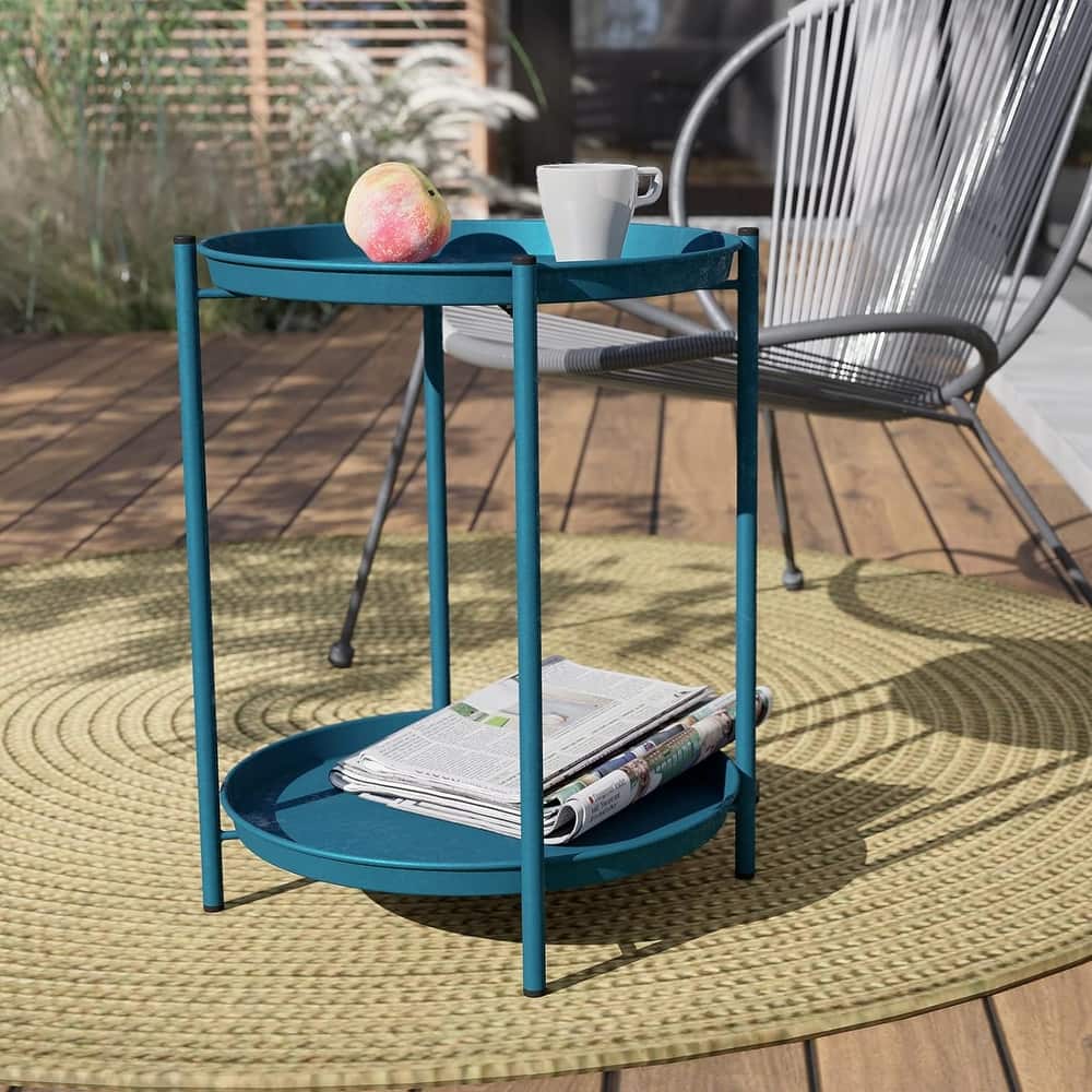 Steel Patio Side Table 2-Tier, Weather Resistant Outdoor Round End Table