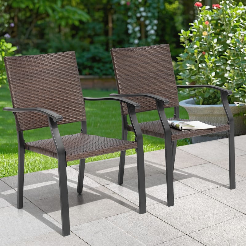 Outdoor Patio Iron Dining Chairs, All-Weather Wicker Material, Black