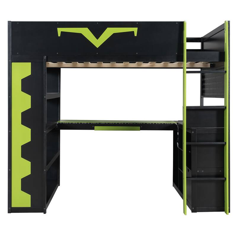 Full Size Gaming Loft Bed with Desk & RGB LED Lights, Pro-Gamer Setup with Pegboard, Keyboard Tray & Storage