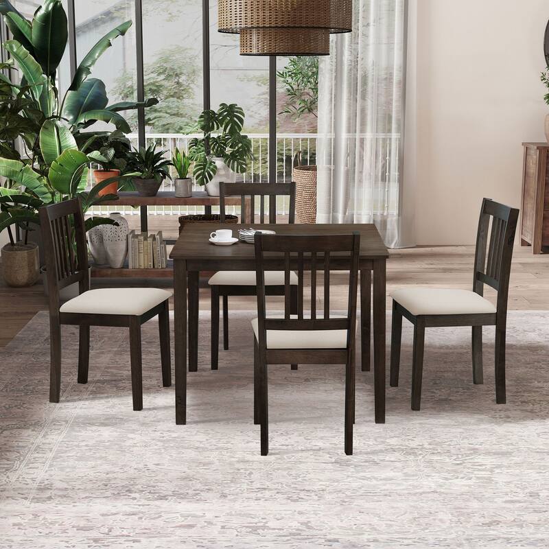 Modern Style 5-Piece Dining Set with Square Table and 4 Slat Back Upholstered Dining Chairs