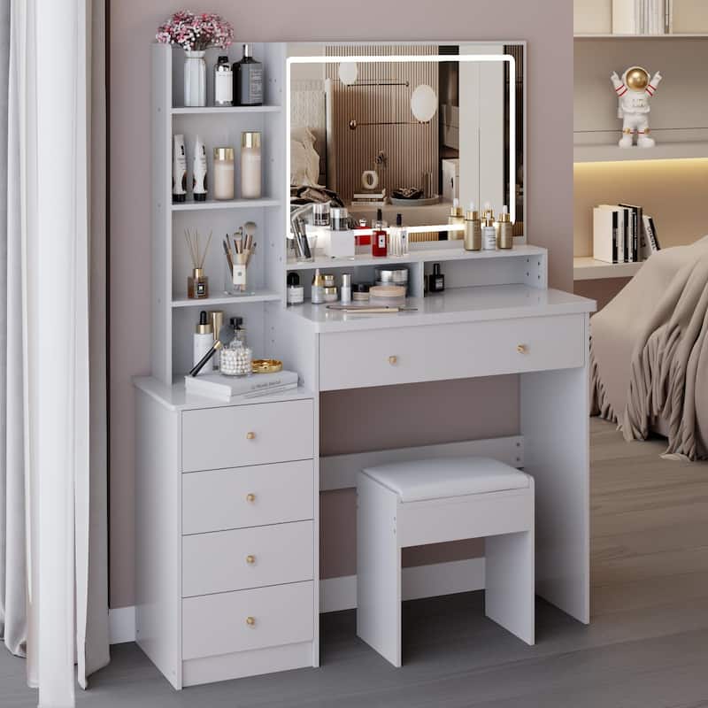 41"Large Size Left Bedside Cabinet Vanity Table+Cushioned Stool, Extra Large LED Mirror, Multi Layer High Capacity Dresser