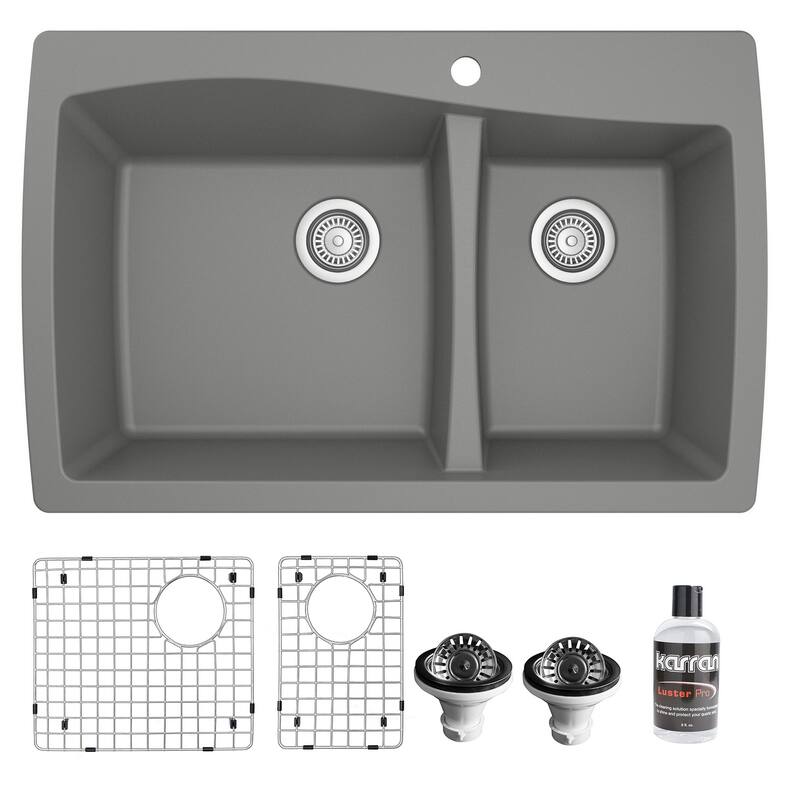 Karran Drop-In Quartz 34 in. Double Bowl 60/40 Kitchen Sink With Bottom Grids and Strainers - Grey