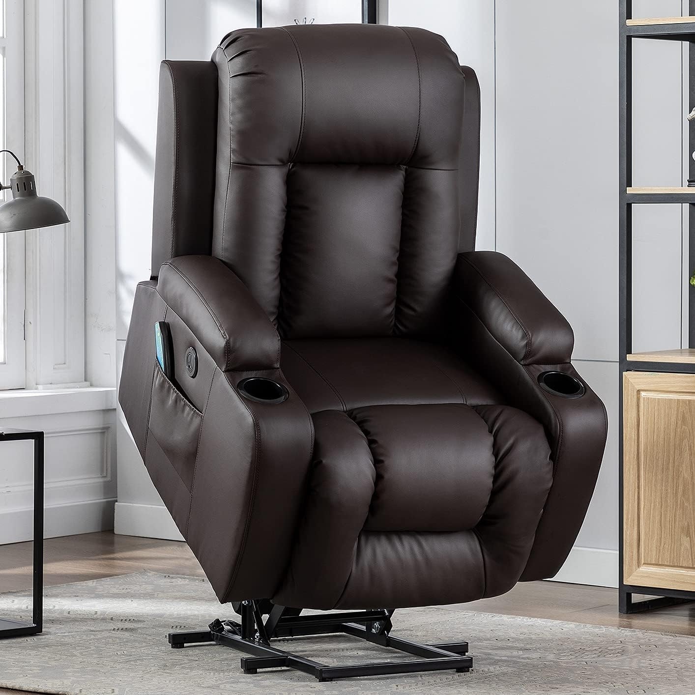 Oversized Power Lift Recliner Chair with Massage & Heat, PU Leather, USB Port, Cup Holders & Pockets
