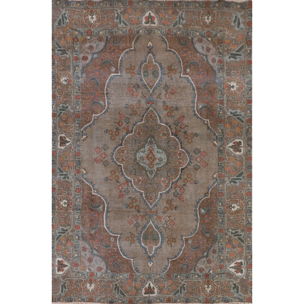 Distressed Brown Tabriz Persian Vintage Rug Handmade Wool Carpet - 6'2"x 9'1"
