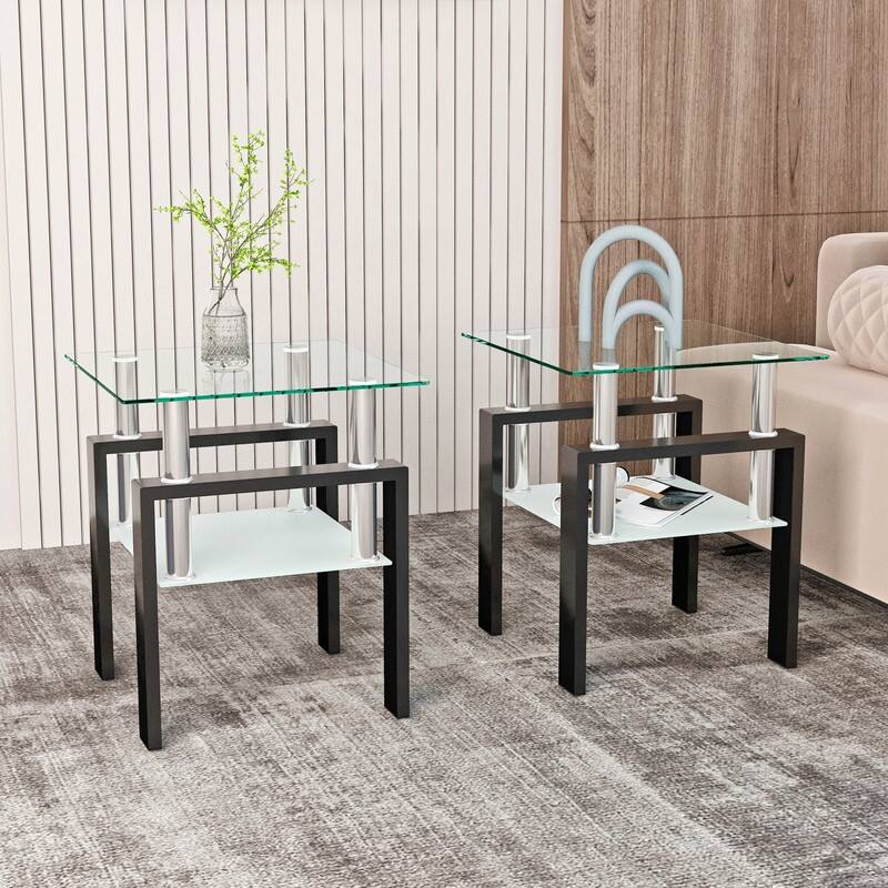 Set of 2, Modern Tempered Glass Tea Table Coffee Table End Table, Square Table for Living Room - Transparent