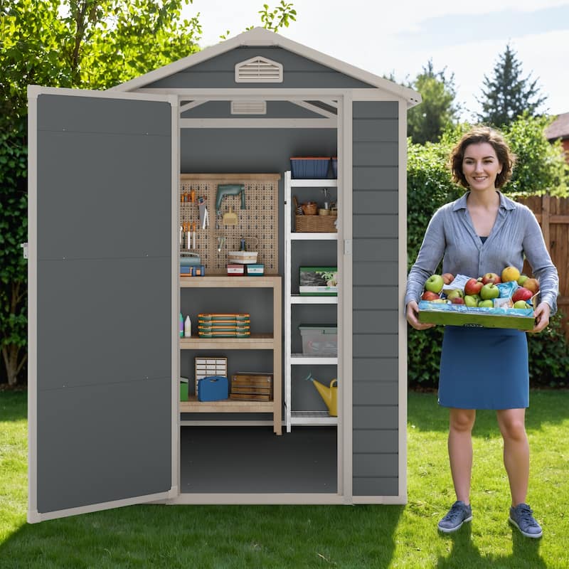 Furniwell 4x6 ft Outdoor Storage Shed, Plastic Weather Resistant Garden Shed, Pitched Roof,Lockable Door - 4*6 - Grey