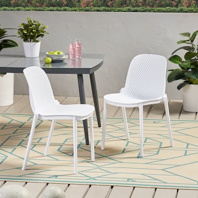 Roomfitters Modern Outdoor Plastic Chairs with Perforated Backrest, Lightweight Patio Seating Set of 2, White