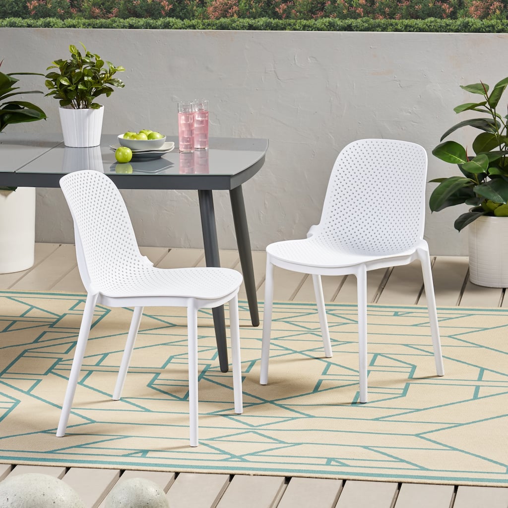Roomfitters Modern Outdoor Plastic Chairs with Perforated Backrest, Lightweight Patio Seating Set of 2, White