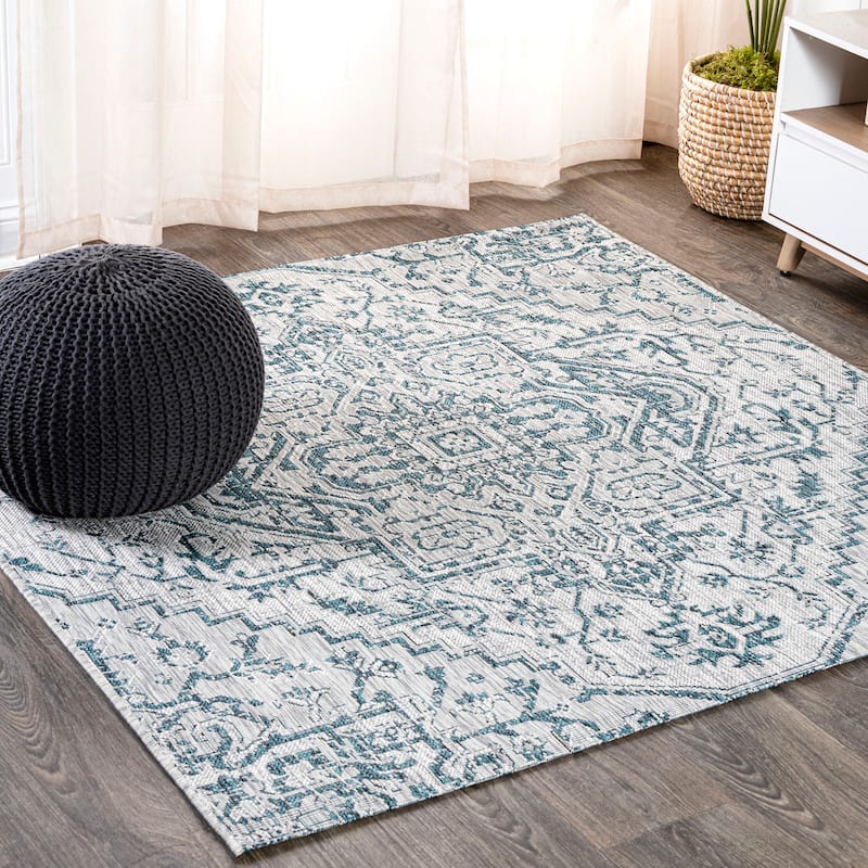 JONATHAN Y Charleston Medallion Indoor/Outdoor Area Rug - 8' Square - Teal/Gray
